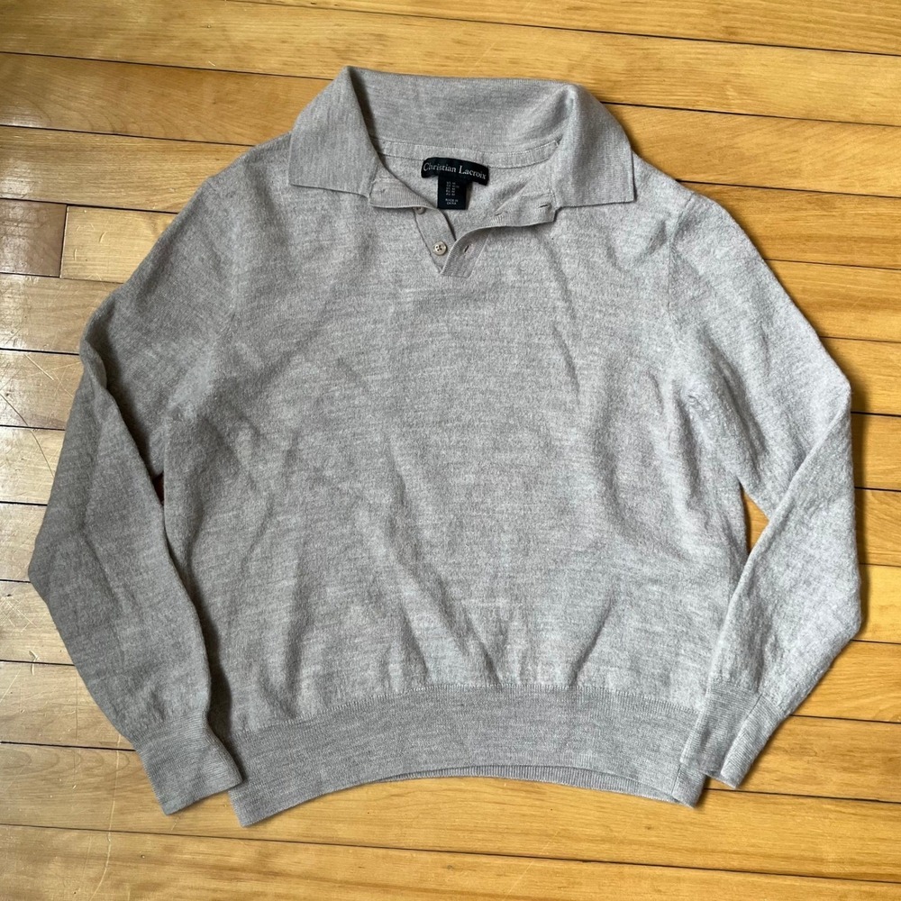 Christian Lacroix Gray 100% Extra Fine Merino Wool Polo Sweater Mens Medium